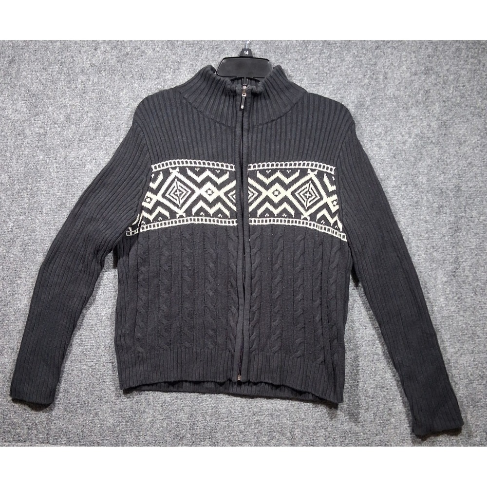 Chaps Mens Full Zip Sweater‎ Large Charcoal Grey Fair Isle Cable Knit Mock Neck